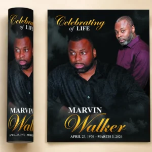 Black and Gold Memorial Flyers for Marvin Walker with two personalized photos and Celebration of Life design