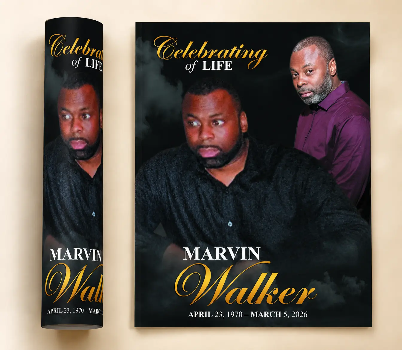 Black and Gold Memorial Flyers for Marvin Walker with two personalized photos and Celebration of Life design