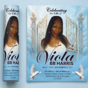 Blue Funeral Flyer for Viola BB Harris at Rubidoux Baptist Church in Riverside California with heavenly gates and white doves