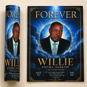 Blue and Gold Funeral Flyer for Late Hon Dr Willie Enoma Ogbeide with heavenly clouds, gold frame and 2 Timothy 4:7 scripture