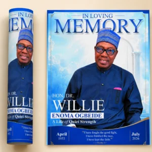 Blue In Loving Memory Flyer for Willie Enoma Ogbeide with original portrait clouds remembrance dates and 2 Timothy 4 7 scripture