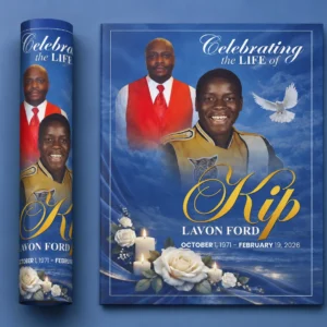 Blue Memorial Flyer for Kip Lavon Ford with two memorial photos, white doves, roses, candles and remembrance dates
