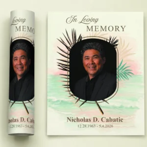 Botanical Memorial Flyer for Nicholas D Cabatic with tropical leaves, watercolor background and remembrance dates