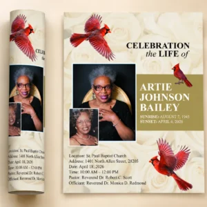 Cardinal Memorial Flyer for Artie Johnson Bailey with red cardinals white roses and St Paul Baptist Church service information
