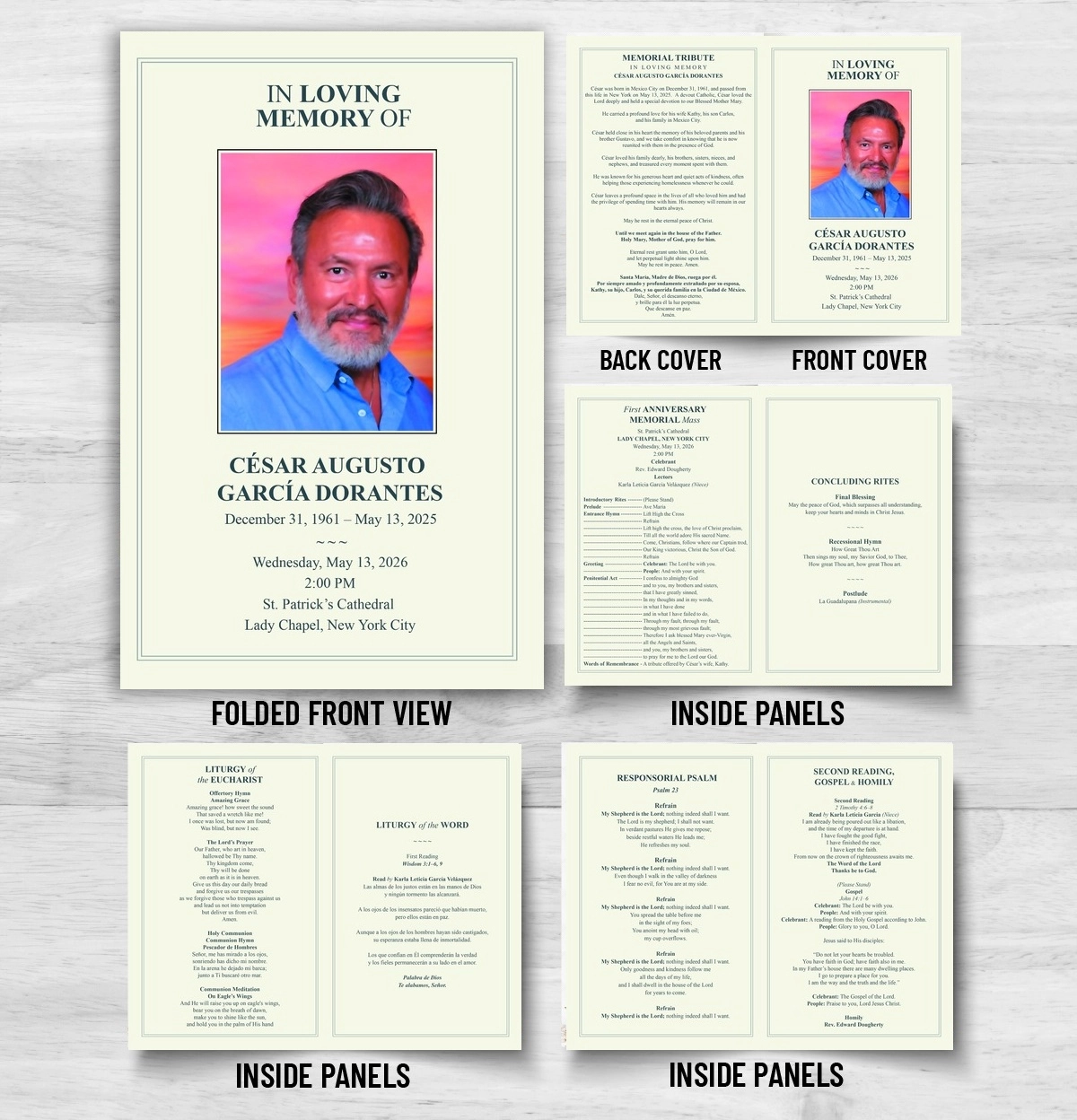 Catholic Funeral Program with 8 page Memorial Mass booklet, scripture readings, Responsorial Psalm, Gospel and Holy Communion