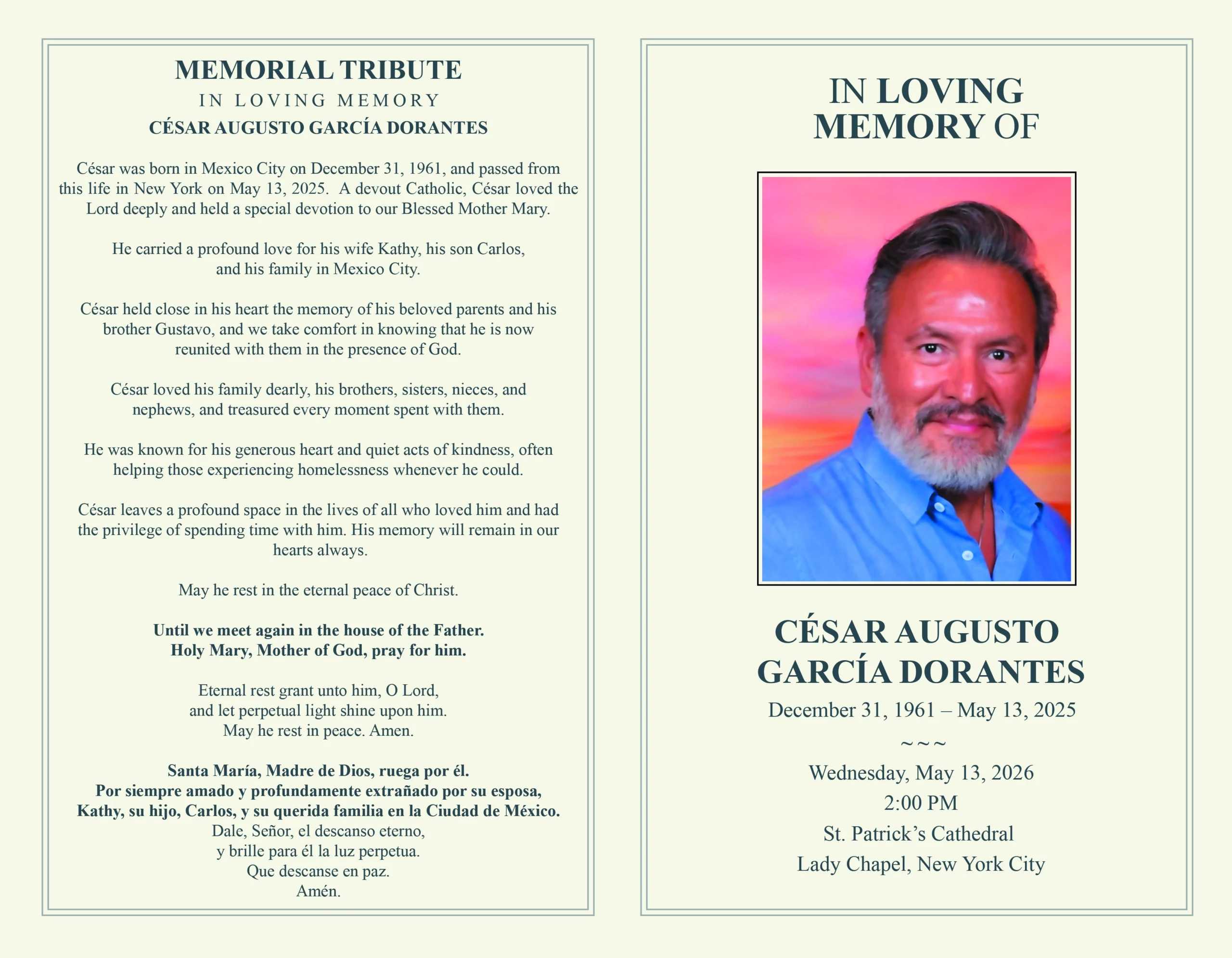Catholic Funeral Program cover with memorial portrait, remembrance dates, Memorial Mass details and church information