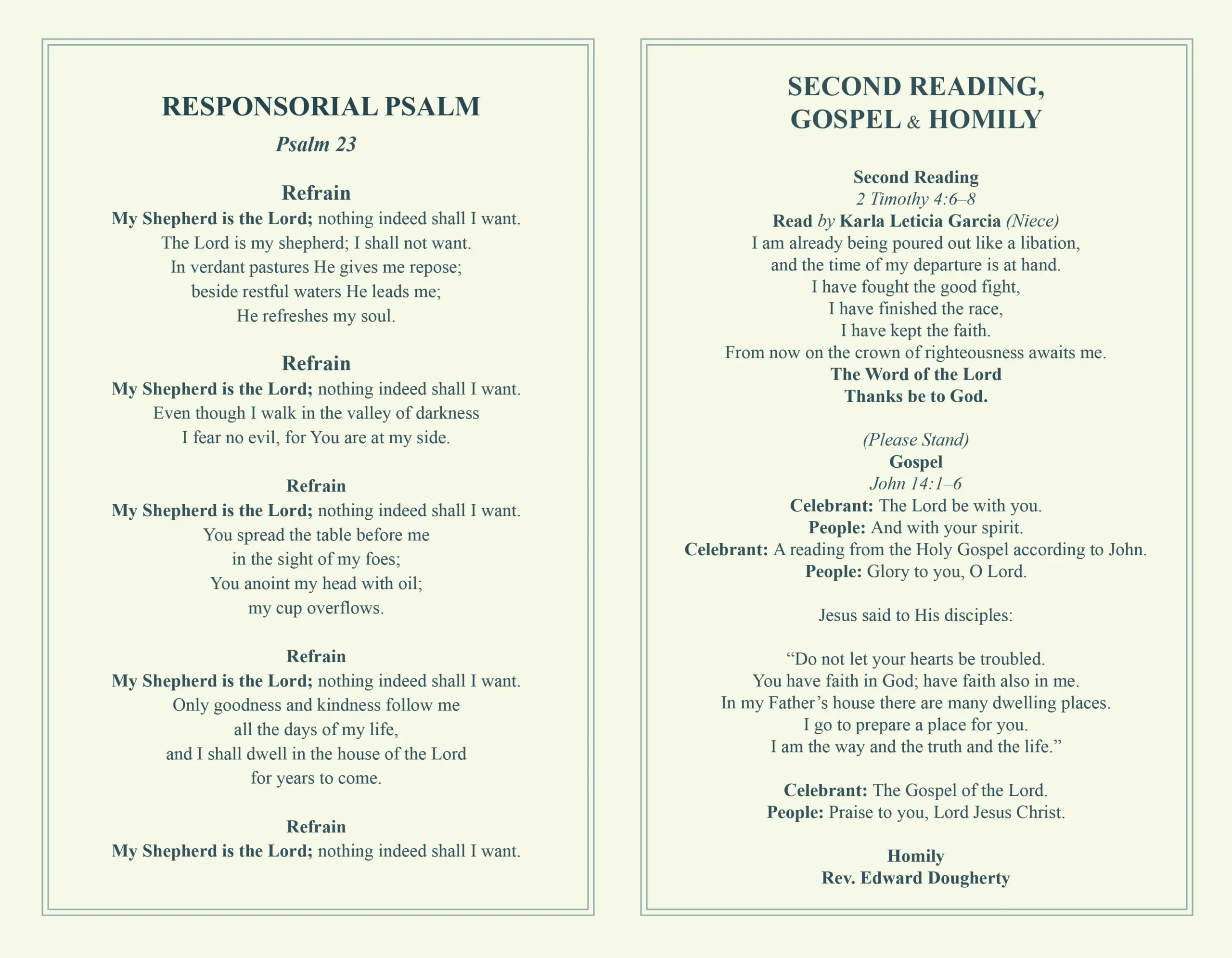 Catholic Funeral Program with memorial portrait, remembrance dates, Memorial Mass details and church information
