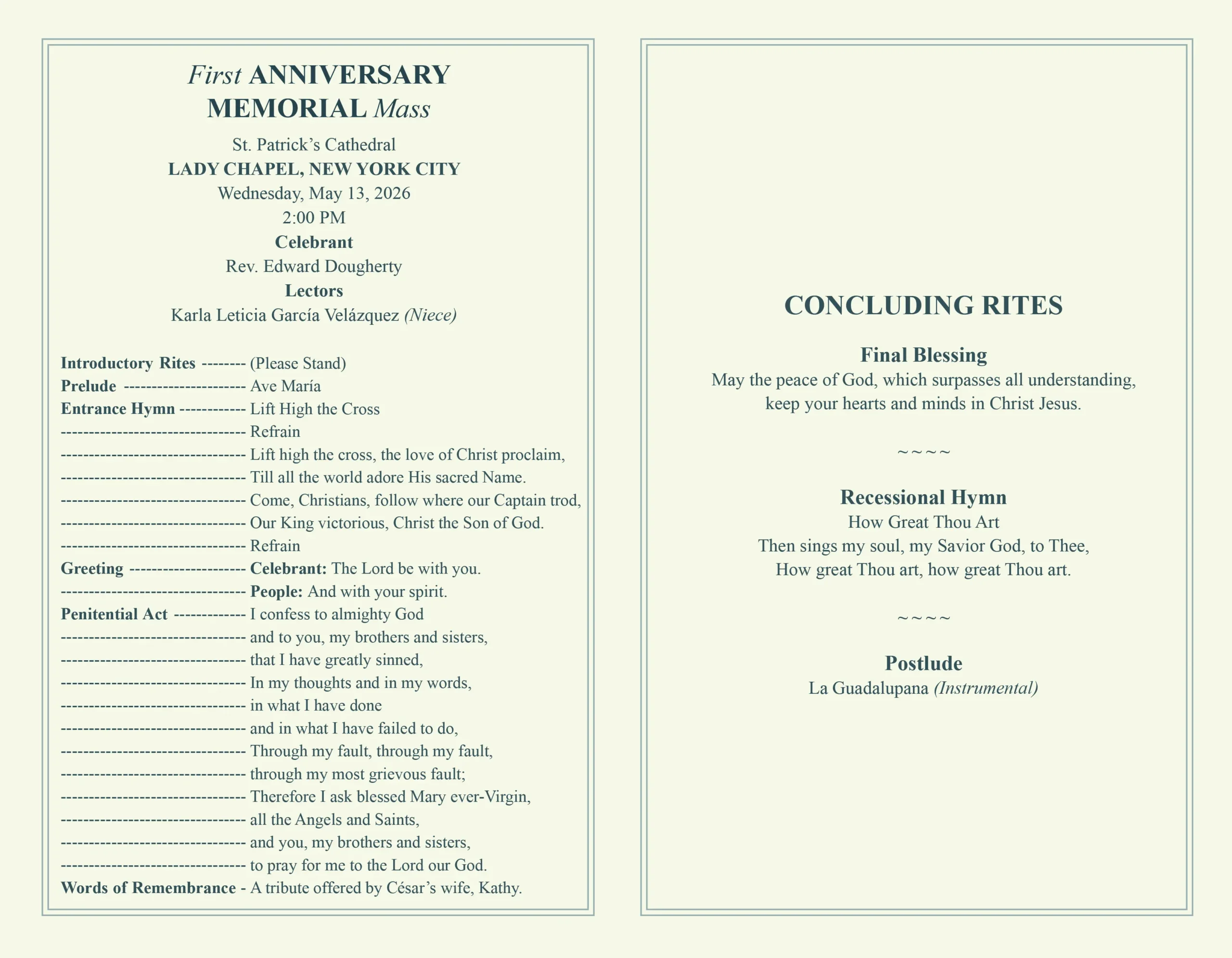 Catholic Funeral Program with memorial portrait, remembrance dates, Memorial Mass details and church information