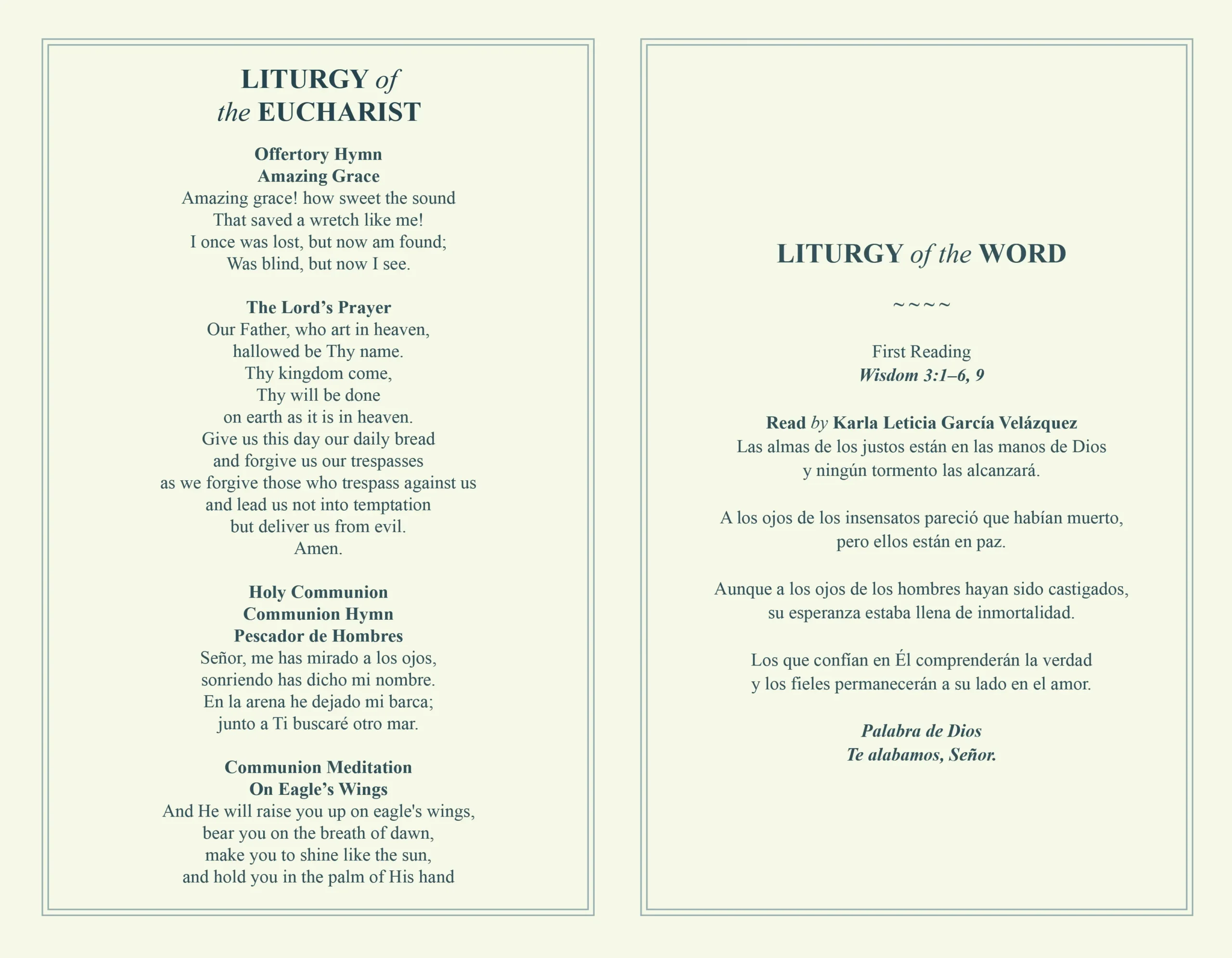 Catholic Funeral Program with memorial portrait, remembrance dates, Memorial Mass details and church information