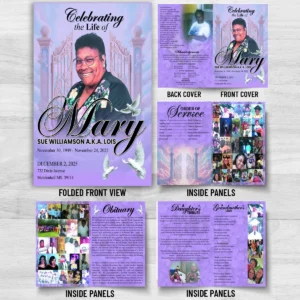 Celebration of Life Booklets for Mary Sue Williamson in Mendenhall Mississippi with 8 page memorial program, obituary and family photos