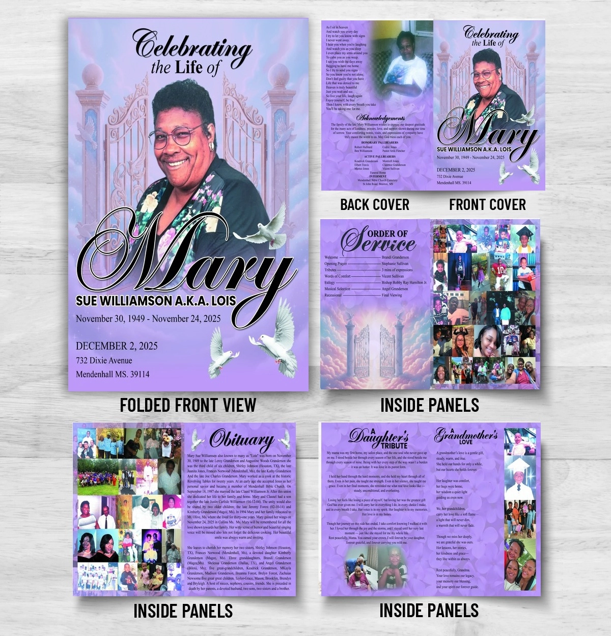 Celebration of Life Booklets for Mary Sue Williamson in Mendenhall Mississippi with 8 page memorial program, obituary and family photos