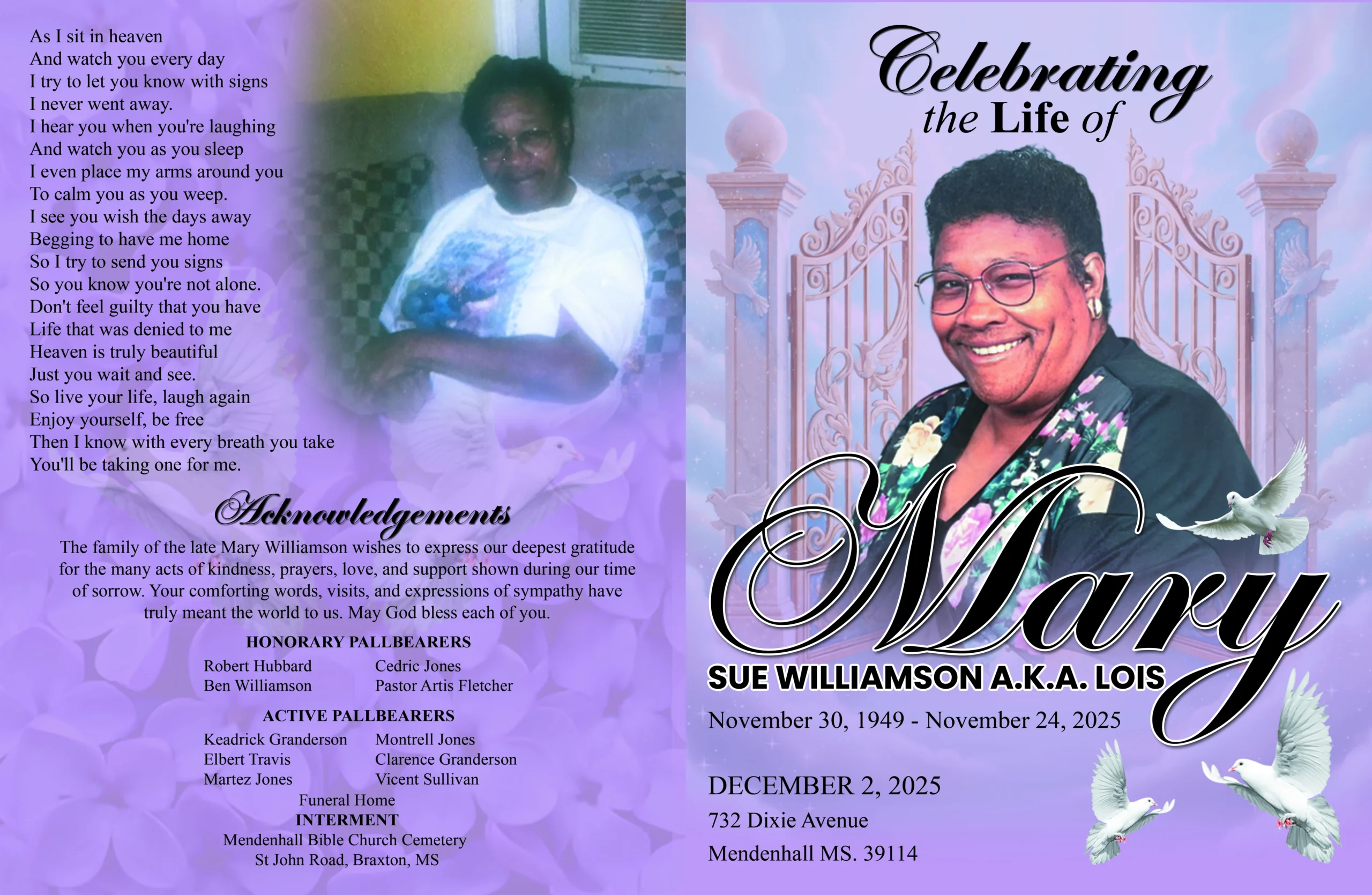 Celebration of Life Booklet cover for Mary Sue Williamson in Mendenhall Mississippi with memorial portrait, doves and heavenly gates