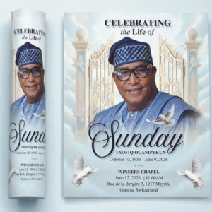 Church Funeral Announcement Flyer for Sunday Taofiq Olanipekun at Winners Chapel in Geneva Switzerland with Heaven Gates and white doves