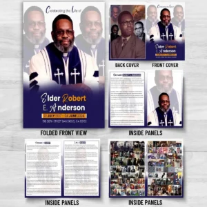 Church Funeral Program with 8 page memorial booklet, obituary, church tribute, life story and family photo collages