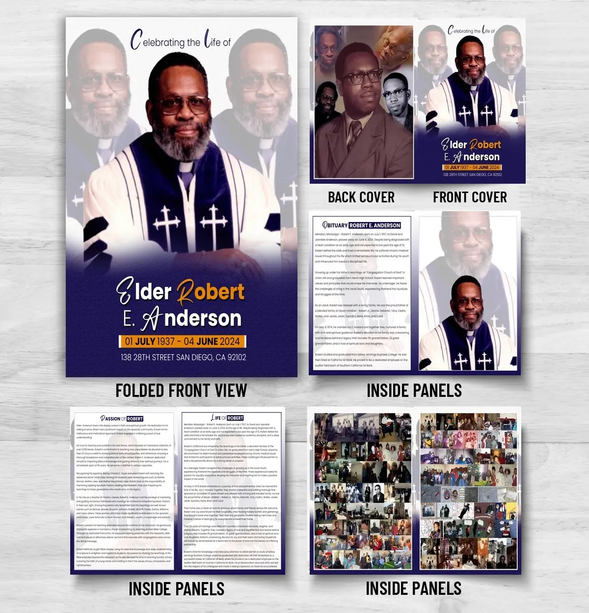 Church Funeral Program with 8 page memorial booklet, obituary, church tribute, life story and family photo collages