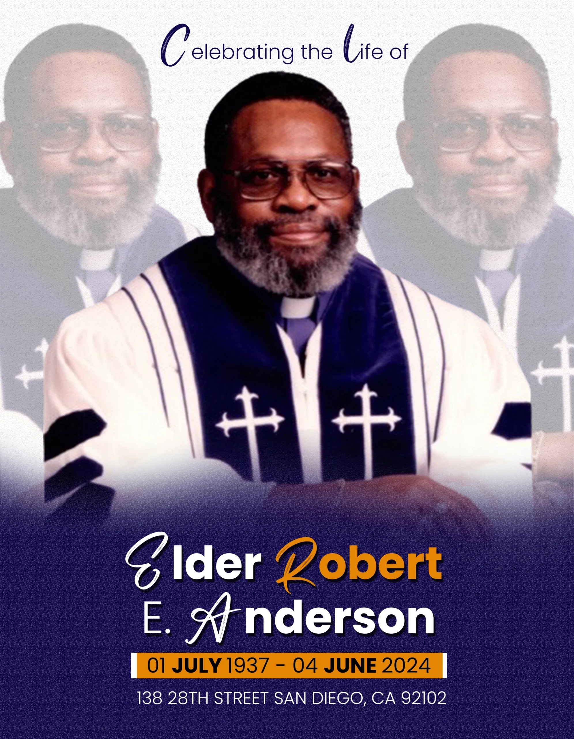 Church Funeral Program cover with elder portrait, memorial dates and faith-based celebration of life design