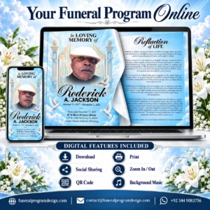 Digital Celebration of Life Program with online memorial, QR code, download, print, social sharing and background music