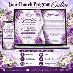 Digital Church Program and online event booklet for women’s conference with QR code, download, print, sharing and background music