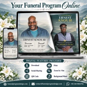 Digital Funeral Booklet with online memorial tribute, QR code, download, print, social sharing and background music