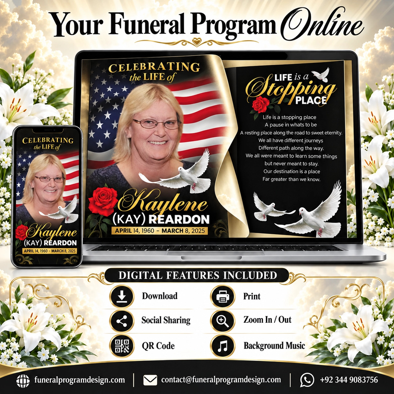 Digital Funeral Program and Online Obituary with page flip, QR code, download, print, sharing and background music