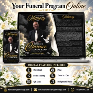 Digital Memorial Booklet and Online Funeral Program with QR code, download, print, social sharing and background music