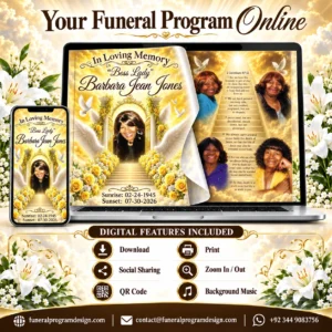 Digital Memorial Program with online funeral tribute, QR code, download, print, social sharing and background music
