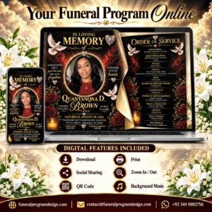 Digital Obituary Flipbook with online funeral program, QR code, download, print, social sharing and background music