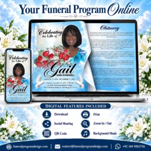 Digital Obituary Program with online memorial book, QR code, download, print, social sharing and background music