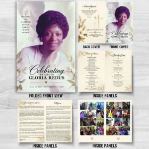 Funeral Bulletin cover celebrating the life of Gloria Redus with memorial portrait, floral details and remembrance dates