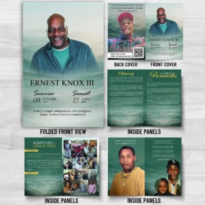 Funeral Keepsake Booklet cover with portrait, mountain background, remembrance dates and memorial quote