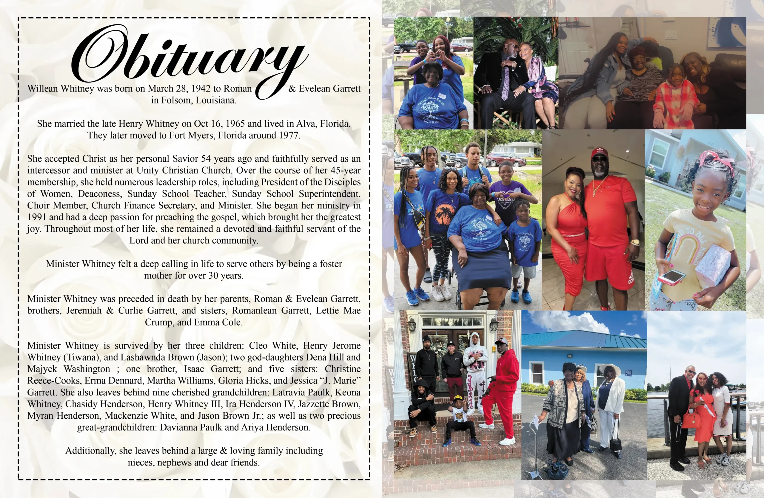 Funeral obituary Service with portrait, celebration of life wording, service details and remembrance dates