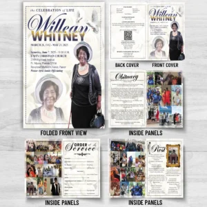 Funeral Order of Service with 8 page memorial booklet, obituary, family photos, acknowledgements and photo collages