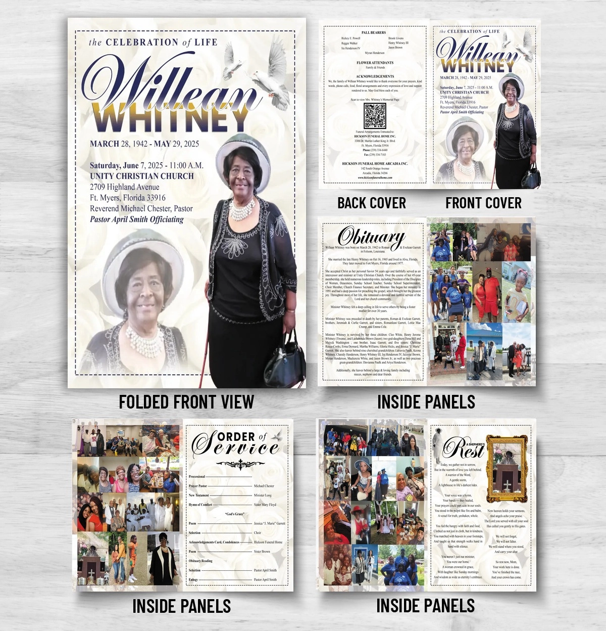 Funeral Order of Service with 8 page memorial booklet, obituary, family photos, acknowledgements and photo collages