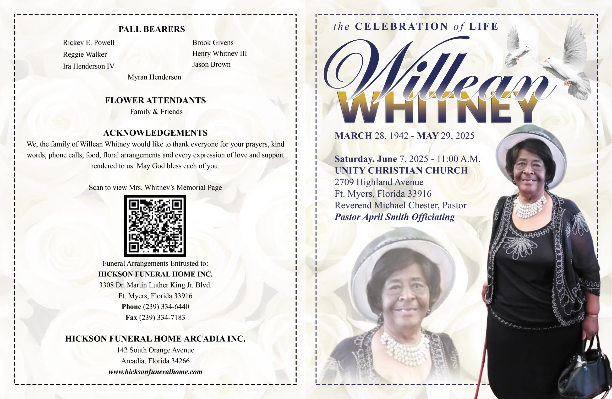 Funeral Order of Service cover with portrait, celebration of life wording, service details and remembrance dates