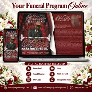 Funeral Program Flipbook with online memorial tribute, QR code, download, print, social sharing and background music