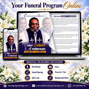 Funeral Program Online with interactive digital memorial, QR code, download, print, social sharing and background music