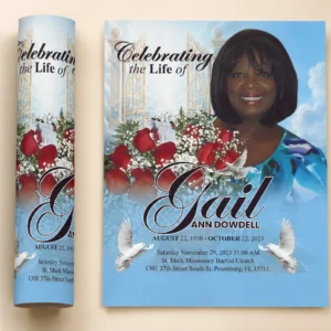 Heaven Gates Memorial Flyer for Gail Ann Dowdell at St Mark Missionary Baptist Church in St Petersburg Florida with red roses and white doves