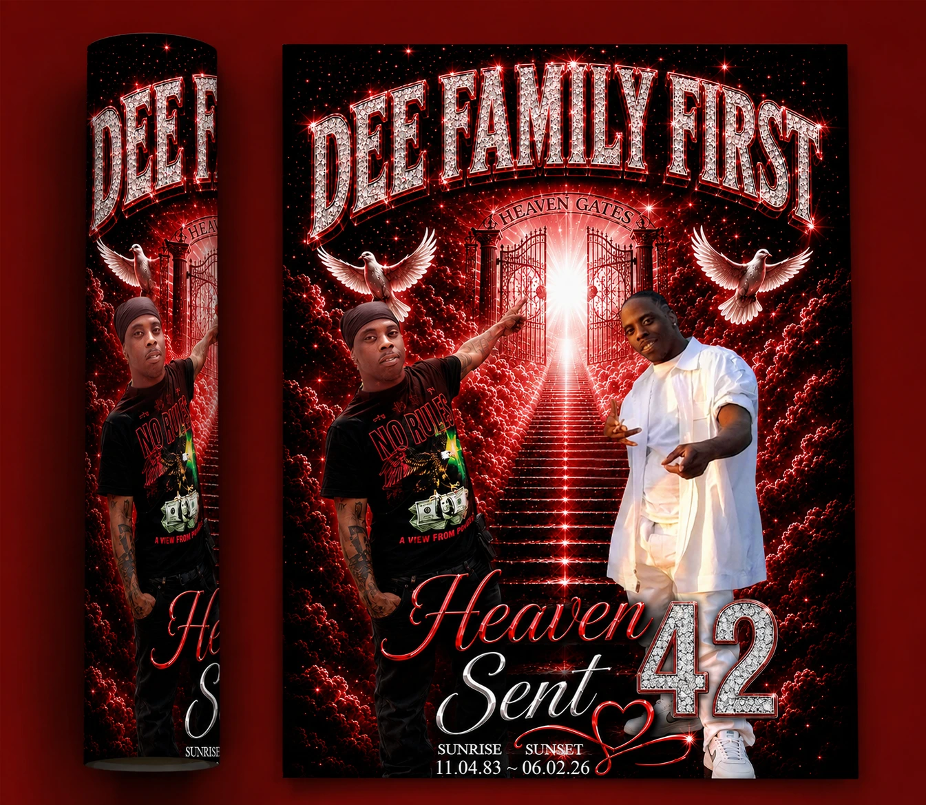 Heaven Sent Memorial Flyer with Heaven Gates, multiple memorial photos, white doves, red clouds and Heaven Sent 42 tribute wording