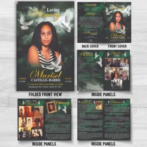 Homegoing Funeral Programs for Marisol Castillo-Harris with 8 page memorial booklet, obituary, Order of Service and family photos