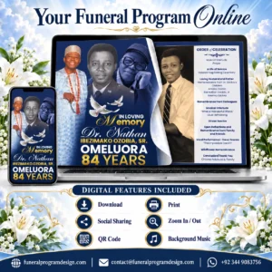 Interactive Funeral Program with online memorial booklet, QR code, download, print, sharing and background music