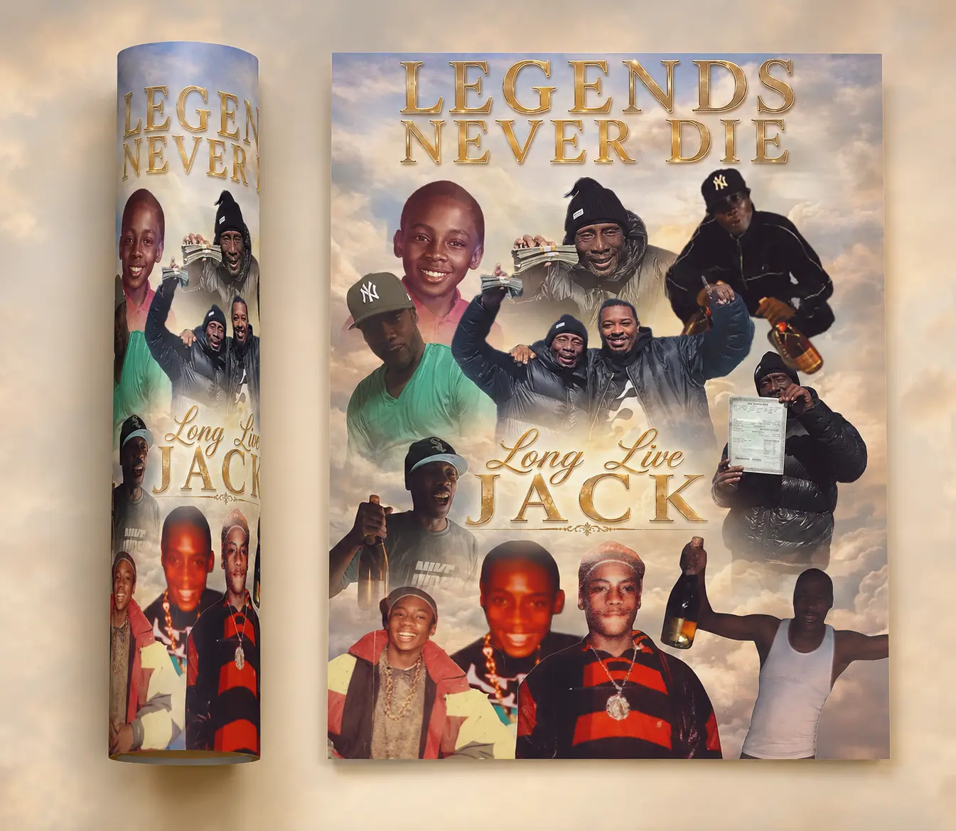Legends Never Die Memorial Flyer with Long Live Jack wording, multiple memorial photographs, gold typography and heavenly clouds
