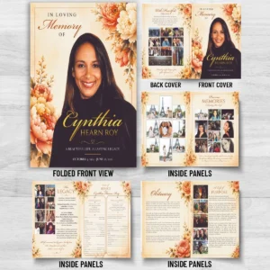 Memorial Booklet Design with 8 page funeral program, obituary, family photographs, legacy pages and memorial collages