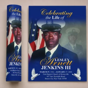 Military Celebration of Life Flyer for Leslie Arnett Jenkins III at First Baptist Church of Bronxville New York with American flag and white doves