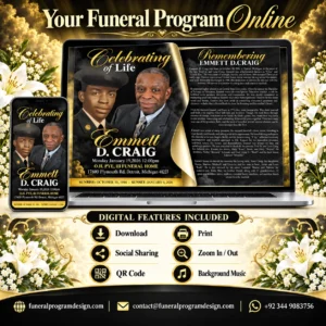 Online Funeral Booklet with digital memorial program, QR code, download, print, social sharing and background music