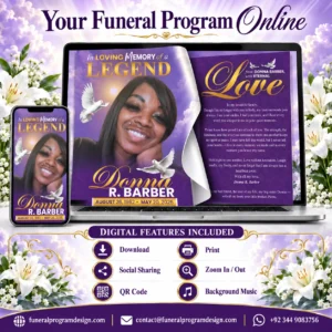 Online Funeral Program and Digital Memorial Flipbook with QR code, download, print, sharing and background music