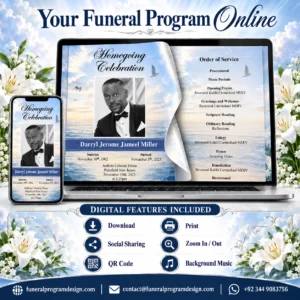 Online Memorial Program with digital funeral booklet, QR code, download, print, social sharing and background music