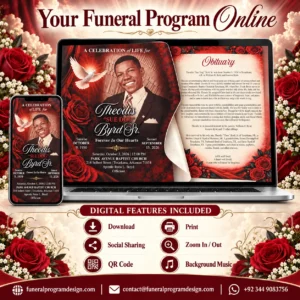 Online Obituary Booklet with digital funeral memorial, QR code, download, print, social sharing and background music