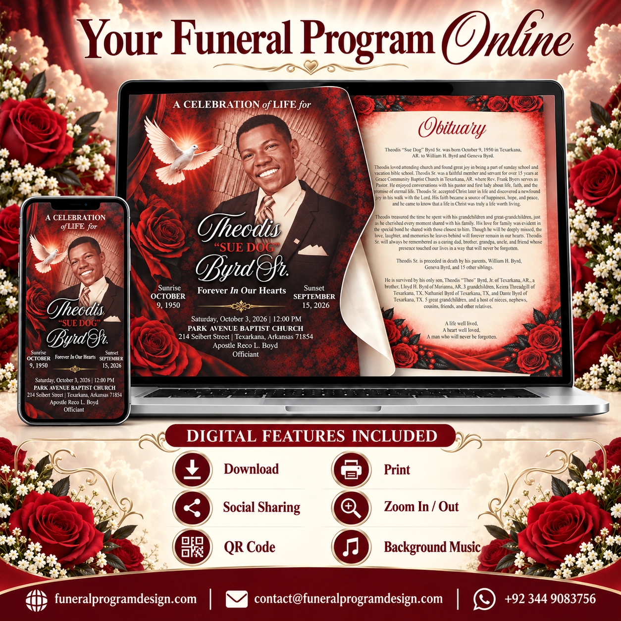 Online Obituary Booklet with digital funeral memorial, QR code, download, print, social sharing and background music