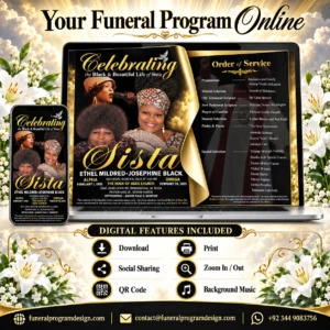 Online Obituary Program with digital memorial booklet, QR code, download, print, social sharing and background music