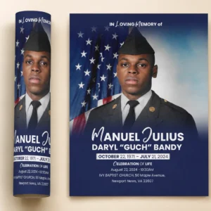 Patriotic Memorial Flyer for Manuel Julius Daryl Guch Bandy at Ivy Baptist Church in Newport News Virginia with military portrait and American flag
